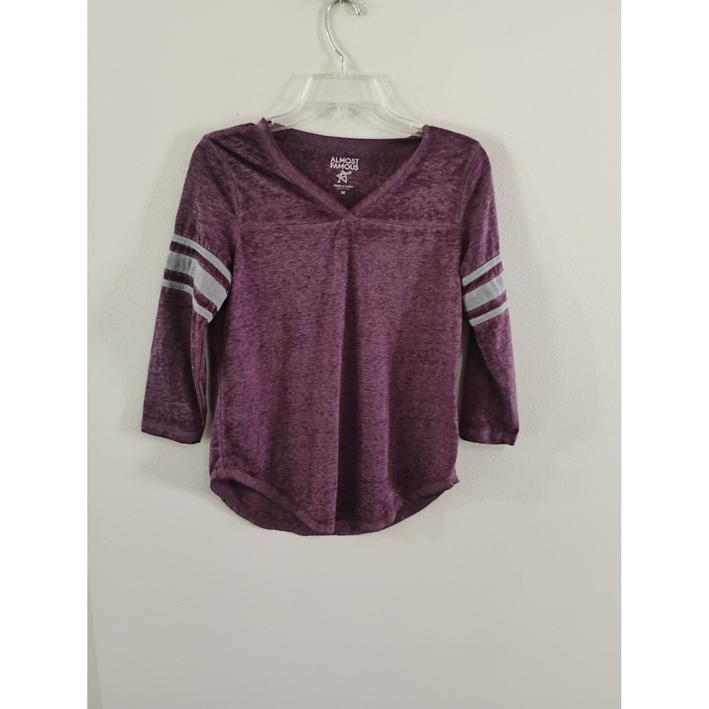 Almost Famous Purple Burnout V-Neck Top 3/4 Sleeve Varsity Stripe Medium